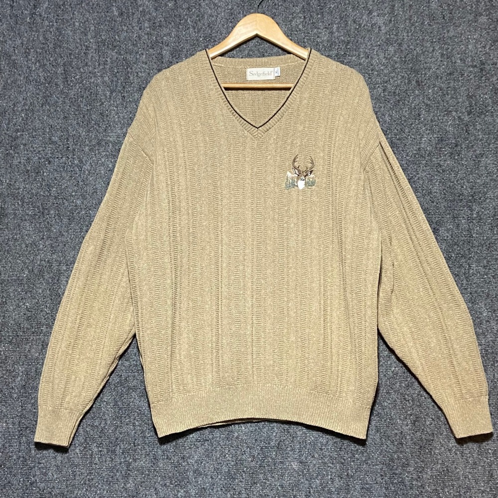 Vintage Sedgefield Mens Tan Deer Embroidered V Neck Knit Sweater XL Made in‎ USA